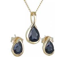 Ojewellery Women's 9ct Yellow Gold Dark Sapphire Set Necklace Stud Earrings in Dark Blue | Size: 18 inches