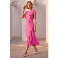 Roman Women's Chiffon Frill Front Midi Dress in Pink | Size: 10