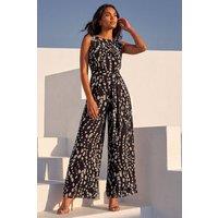 Roman Women's Animal Print Pleat Neck Jumpsuit in Black | Size: 20