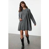 WOVCOR Women's Soft Knit Longline Cardigan & Mini Dress Co-Ord Set in Dark Grey | Size: Large