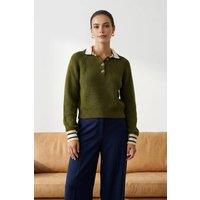 WOVCOR Women's Textured Button-Up Collared Knit Sweater in Khaki | Size: Large