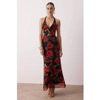 WOVCOR Women's Floral Halterneck Maxi Evening Dress with Sheer Tulle | Size: Large
