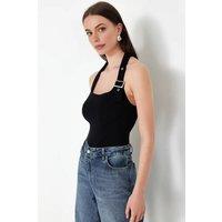 WOVCOR Women's Halter Neck Belt Detail Fitted Knitted Blouse with Buckle Accent in Black | Size: XS