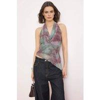 WOVCOR Women's Shawl Printed Cowl Neck Asymmetric Hem Tulle Blouse | Size: 6