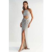 WOVCOR Women's Glitter Cut Out Halter Neck Draped Maxi Evening Dress in Silver | Size: 6