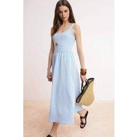 WOVCOR Women's Stripe Print Strappy Midi Dress with Gathered Waist in Blue | Size: Medium