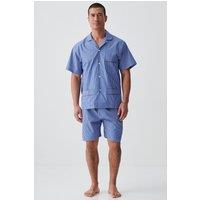 British Boxers Men's "Stowe Prussian Blue & White Stripe" Crisp Cotton Short Pyjama Set in Navy | Size: Large