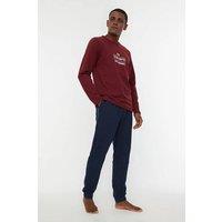 WOVCOR Men's 2 Piece Slogan Printed Knit Pyjama Set in Burgundy | Size: XL