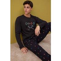 WOVCOR Men's 2 Piece Game Print Cotton Knit Regular Fit Pyjama Set in Black | Size: Small