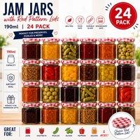 volila Hexagonal Glass Jam Jars 190ml with Airtight Red Gingham Lids in Clear | Size: 24 Pack