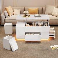 Rolipo White High Gloss Lift Top LED Coffee Table with 2 Stools | Size: 2 Pack