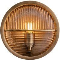 Industville Bulkhead Outdoor & Bathroom Round Wall Light - Brass - Ribbed Glass in Metallic Gold | Size: Medium