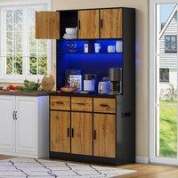 Rolipo 180cm Tall Kitchen Pantry Cabinet with LED & Charging Station in Black