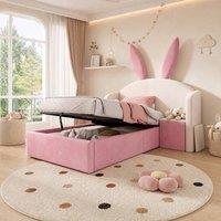 STILVORA Bed Frame 3ft Single with Storage upholstered in Pink | Size: Junior
