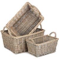 Red Hamper Wicker Set of Three Antique Wash Finish Handled Unlined Storage Basket in Brown