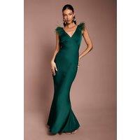 Coast Women's Feather Shoulder Detail V Neck Satin Maxi Dress in Emerald | Size: 18