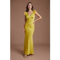 Coast Women's Feather Shoulder Detail V Neck Satin Maxi Dress in Chartreuse | Size: 16