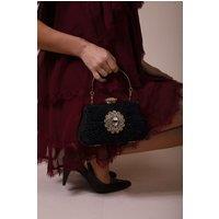 SVNX Women's Ruched Jewel Clutch Bag in Black