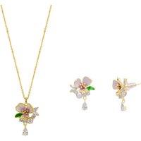 Spero London Women's Pansy Violet Floral Necklace & Earring Set in Sterling Silver in Gold