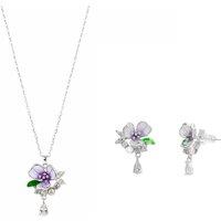 Spero London Women's Pansy Violet Floral Necklace & Earring Set in Sterling Silver