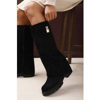 Where's That From Women's 'Brescia' Fold Over Knee High Chunky Sole Boots in True Black | Size: 4