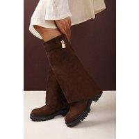 Where's That From Women's 'Brescia' Fold Over Knee High Chunky Sole Boots in Dark Brown | Size: 6