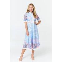 Izabel London Women's Floral Lace Trim 1/2 Sleeve Midi Dress in Blue | Size: 16