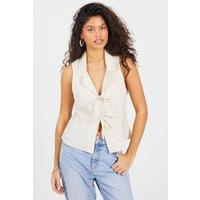Brave Soul Women's Collared Tie Front Waistcoat in Ecru | Size: XS