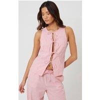 Brave Soul Women's Woven Stripe Tie Front Waistcoat in Red | Size: Small