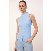 WOVCOR Women's Ribbed Knit Button Front Sleeveless High Neck Top in Blue | Size: XS