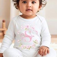 Aye Do Gifts Girl's Personalised Pink Roses Baby Outfit - Baby Grow in White | Size: Newborn