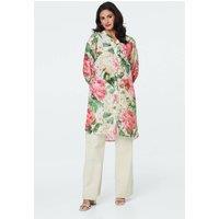 Izabel London Women's Floral Long Sleeve V-Neck Longline Shirt in White | Size: 12