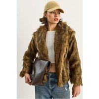 Bianco Lucci Women's Faux Fur Cropped Open Collar Coat in Chocolate | Size: Large