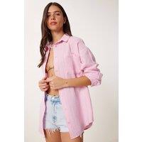 Happiness Istanbul Women's Oversized Textured Cotton Shirt with Pocket in Pink | Size: XL