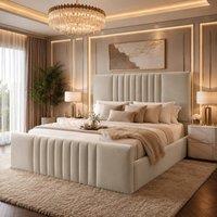 Desire Deco Plush Velvet Ashley Upholstered Panel Bed Frame in Light Beige | Size: Small Double