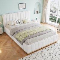 Merax 4ft6 Double White PU Leather Upholstered Bed with Fluted Headboard