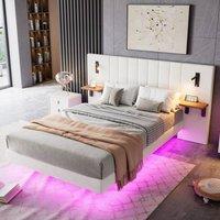 Merax Double Floating Bed Frame with Extended LED Headboard & Reading Lights in White