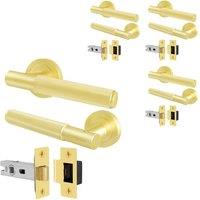 AFIT Satin Brass Door Handles Round Rose with Latch, 4 Pairs Knurled in Gold | Size: 150mm x 150mm