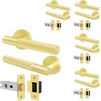 AFIT Satin Brass Door Handles Round Rose with Latch, 5 Pairs Knurled in Gold | Size: 150mm x 150mm