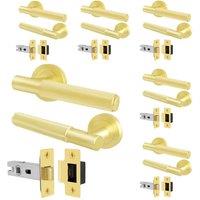 AFIT Satin Brass Door Handles Round Rose with Latch, 6 Pairs Knurled in Gold | Size: 150mm x 150mm