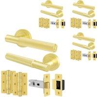 AFIT Satin Brass Door Handles Rose Latch Kit, 4 Pairs Knurled with Hinges in Gold | Size: 150mm x 150mm