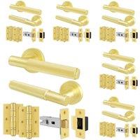 AFIT Satin Brass Door Handles Rose Latch Kit, 6 Pairs Knurled with Hinges in Gold | Size: 150mm x 150mm