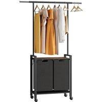 Nordara 2-Section Laundry Sorter w/ Hanging Bar & Wheels in Black