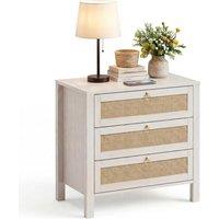 Nordara Rattan 3-Drawer Nightstand Gold Handle in White