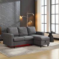 Tokpiedi 3-Seater L-Shaped Fabric Sofa with LED, USB & Storage in Grey