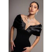 Goddiva Women's Satin Plunge Neck Bardot Scuba Maxi Dress in Black | Size: 16