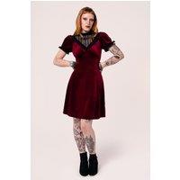 Hell Bunny Women's Mourning Velvet V Neckline Midi Dress in Burgundy | Size: Medium