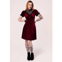 Hell Bunny Women's Mourning Velvet V Neckline Midi Dress in Burgundy | Size: 3XL
