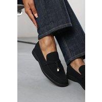 Where's That From Women's 'Charming' Slip On Suede Loafers Metal Trim Tassel in Black | Size: 4