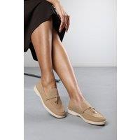 Where's That From Women's 'Charming' Slip On Suede Loafers Metal Trim Tassel in Khaki | Size: 3